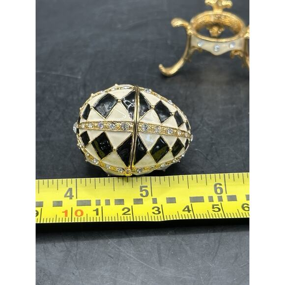 Harlequin Enameled Trinket Box Egg Shaped Black White Crystals w/ Stand - Picture 8 of 10